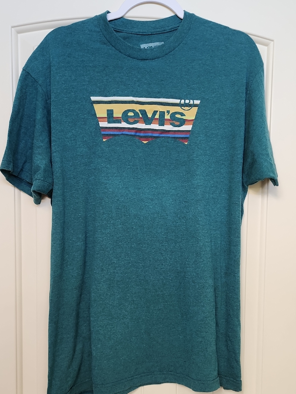 Levi's Teal Short-Sleeve Tee with Multicolor Striped Logo
